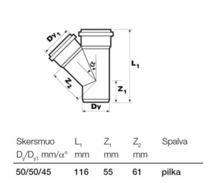 T-kus vnitřní kanalizace Wavin, O 50 / 50 mm, 45°