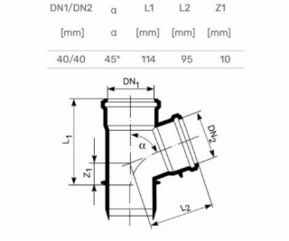 T-kus vnitřní kanalizační HTplus, O40/40 mm, 45°, bílý