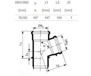 T-kus pro vnitřní kanalizaci HTplus, O 75 / 50 mm, 45°