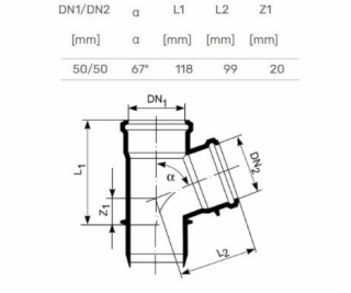 T-kus pro vnitřní kanalizaci HTplus, O 50 / 50 mm, 67°