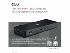 Club3D Dokovací stanice 16v1 Quadra (4) ThunderBolt 4, 2xTB, 3xDP, 2xHDMI, 3xUSB, RJ45, SD-TF Karta, 1xUSB-C, 150W PD