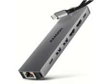 AXAGON HMC-7HX2, USB 5Gbps hub, 2x USB-A, USB-C, 2x HDMI 4k/60Hz, RJ-45 GLAN, PD 100W, kabel USB-C 15cm