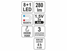 Lampa montážní 8+1 LED, hák+magnet, YATO-08513