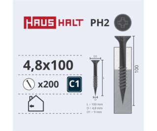 Vruty do dřeva Haushalt, 4,8 x 100 mm, PH2, 200 ks.