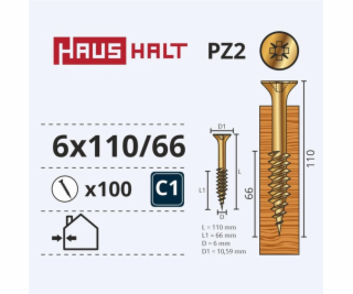 Vruty do dřeva Haushalt, 6 x 110/66 mm, ZN, PZ3, 100 ks.