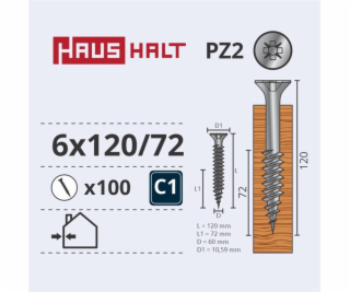 Vruty do dřeva Haushalt, 6 x 120/72 mm, ZN, PZ3, 100 ks.