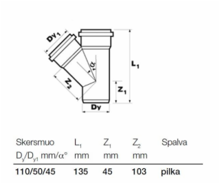 T-kus vnitřní kanalizace Wavin, O 50 / 110 mm, 45°