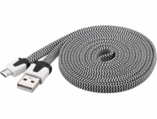 PremiumCord Kabel micro USB 2.0, A-B 2m, plochý textilní kabel, černo-bílý