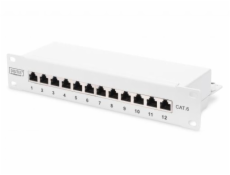 DIGITUS CAT 6, patch panel třídy E, stíněný, 12 portů RJ45 8P8C, LSA, 1U, 254 mm (10  ), montáž do stojanu, šedá