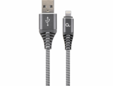 Gembird nabíjecí kabel Lightning 8-pin (M) na USB 2.0 (M), prémiový, opletený, metal konektory, 2 m, šedo-stříbrný