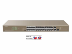 Tenda TEF1126P-24-410W - PoE AT Switch 370Watt, 24xRJ45 10/100 Mbps PoE, 2x Gigabit Uplink RJ45/SFP, Fanless, Kov