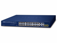 Planet GSW-2824P PoE switch, 26x 1Gb + 2x SFP 1Gb, VLAN, extend mód 10Mb-250m, 802.3at, 802.3az, 250W PoE Budget