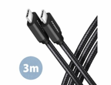 AXAGON BUCM3-CM30AB, SPEED kabel USB-C <-> USB-C, 3m, USB 3.2 Gen 1, PD 60W 3A, ALU, oplet, černý