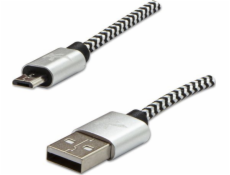 Kábel USB kábel USB kábel (2.0), USB AM - USB Micro BM, 1M, 480 MB/S, 5V/2A, Silver, Logo, Box, Nylon Braid, kryt hliníka konektora