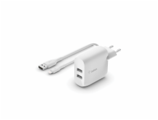 Belkin Duální USB-A nástěnná nabíječka 2x12W, lightning kabel, bílá