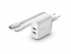 Belkin Duální USB-A nástěnná nabíječka 2x12W, USB-C kabel, bílá