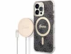 Sada nabíječky Guess pouzdro Guess + bezdrátová nabíječka GUBPP13XH4EACSK Apple iPhone 13 Pro Max černo/černé pevné pouzdro 4G Print MagSafe