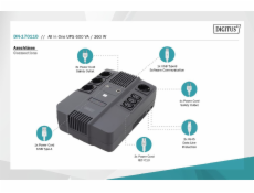 DIGITUS UPS vše-v-jednom, 800VA / 480W, LED 12V / 9Ah x1, 4x CEE 7 / 7,3x IEC C13, USB, RJ45