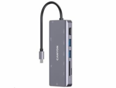 CANYON replikátor portů DS-11 9v1, 1xUSB-C PD 100W, 1xHDMI (4K), 3xUSB-A, RJ45 Gb, 3.5mm jack, SD/micro SD čtečka