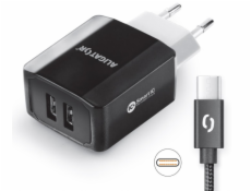 Chytrá síťová nabíječka ALIGATOR 3.4A, 2xUSB, smart IC, černá, USB-C kabel 2A