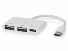 NEDIS USB hub/ 1x zástrčka USB-C/ 1x zásuvka USB-C/ 2x zásuvka USB-A/ 3 porty/napájení z USB/ bílý