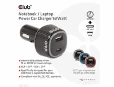 Club3D Auto nabíječka pro Notebooky 63W, 2 porty (USB-A + USB-C)