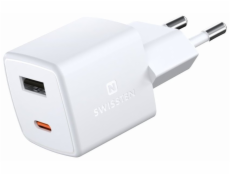 Swissten Síťový Adaptér GaN 1x USB-C + 1xUSB 30W PD mini 3x3x3 cm Bilý