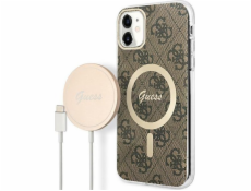 Guess Charger Set Guess pouzdro + bezdrátová nabíječka GUBPN61H4EACSW Apple iPhone 11 hnědé/hnědé pevné pouzdro 4G Print MagSafe