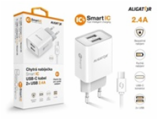 Aligator síťová nabíječka, 2x USB, smart IC, 2,4 A, kabel USB-C 2A, bílá