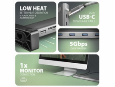 AXAGON HMC-10HLS, USB 5Gbps hub, 4x USB-A, HDMI 4k/60Hz, RJ-45 GLAN, SD/mSD, PD 100W, kabel USB-C 25cm