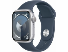 Chytré hodinky GPS Apple Watch Series 9, 41mm stříbrné hliníkové pouzdro s bouřkově modrým sportovním páskem - M/L