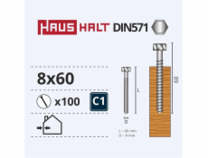 Vruty do dřeva Haushalt, DIN571, 8,0 x 60 mm, ZN, 100 ks.