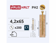Vruty do dřeva Haushalt, 4,2 x 65 mm, ZN, PH, 200 ks.
