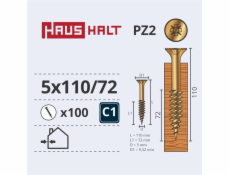 Vruty do dřeva Haushalt, 5 x 110/72 mm, ZN, PZ2, 100 ks.