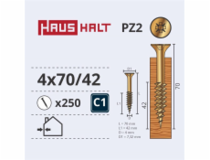 Vruty do dřeva Haushalt, 4 x 70/42 mm, ZN, PZ2, 250 ks.