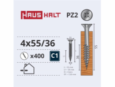 Vruty do dřeva Haushalt, 4 x 55/36 mm, ZN, PZ2, 400 ks.