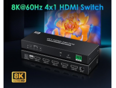 PremiumCord HDMI switch 4:1 s podporou rozlišení 8K@60Hz,4K@120Hz, 1080P, HDR, s ovládáním tlačítkem a dálkovým ovladače