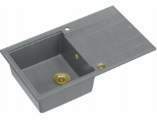 GraniteQ EVAN 111 dřez GraniteQ dřez s Push 2 Open sifon, 1-miska bez (860x500x210) stříbrný kámen / zlaté prvky