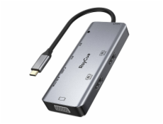 Rozbočovač 9v1 RayCue USB-C na 2x USB-A 3.0 5Gb/s + 2x SD/TF 3.0 + 2x HDMI 4K30Hz + VGA 1080p + jack 3,5 mm + PD 3.0 100W (sivý)