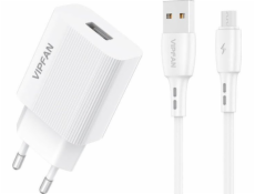 Sieťová nabíjačka VFAN E01, 1x USB, 2,4 A + kábel Micro USB (biely)