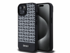 DKNY DKHMP15SPSOPK iPhone 15 / 14 / 13 6.1 čierno/čierne pevné puzdro Kožený tlačený vzor Kovové logo MagSafe