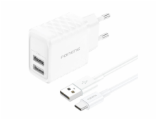 Foneng EU53 2xUSB-A, 2.4A network charger (White) + USB-C cable