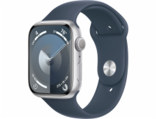 Apple Watch 9 45mm GPS stříbrné Alu sportovní chytré hodinky M/L modré (MR9E3QI/A)