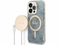 Sada nabíječky Guess pouzdro Guess + bezdrátová nabíječka GUBPP14LH4EACSB Apple iPhone 14 Pro modro/modré pevné pouzdro 4G Print MagSafe